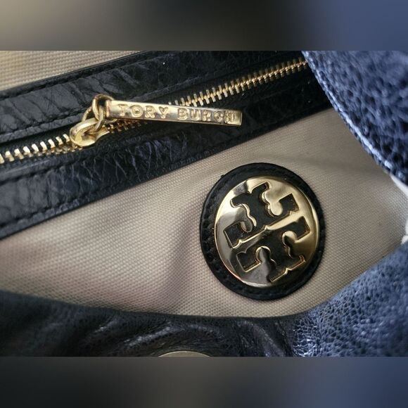 Tory Burch Deerskin Leather Tote In Black With Gold Accessories - Picture 7 of 10